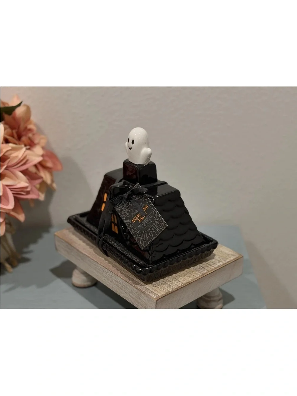 Cobwebs & Cauldron Halloween Ghost On Haunted House Butter Dish, Black New